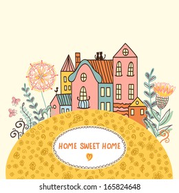 Vector illustration with houses, flowers and butterflies