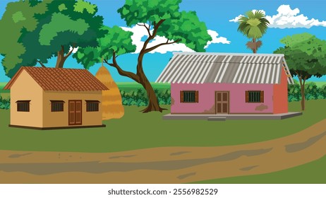 Vector illustration of houses in the forest beside a dirt road.Rural countryside landscape disign with cottages