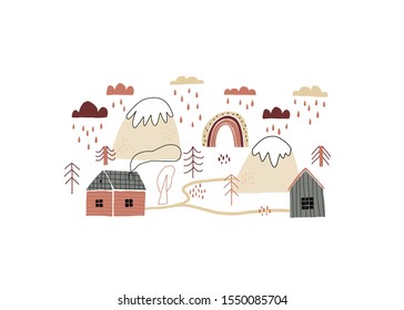 Vector illustration with houses, mountains, trees, clouds, rain, and rainbow. Hand drawn in Scandinavian style design for kids. The concept for textiles, postcards, baby shower, babywear, nursery.