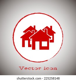 vector illustration of houses Red round button on a gray background