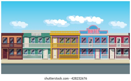 Vector illustration of houses in the style of the wild west. Seamless horizontally if needed