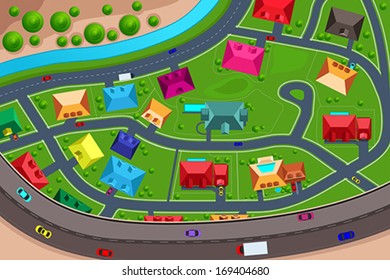 A vector illustration of houses in suburban viewed from above