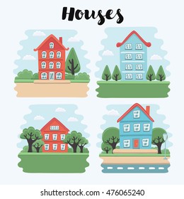 Vector illustration of houses and town landscape. Set of buildings