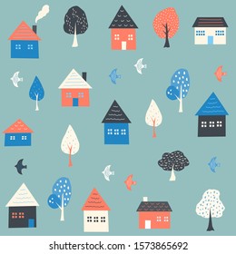 Vector illustration of houses, trees and birds.