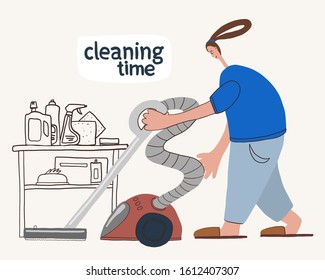 vector illustration of a housewife cleaning a room, house, apartment. Vacuum cleaner, detergents, advertising cleaning company, cleaning products for the house