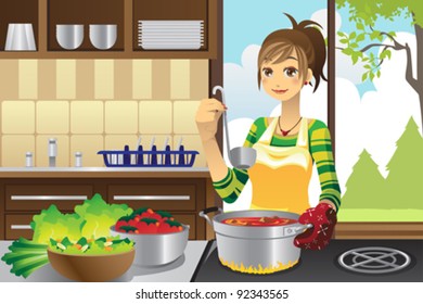 A vector illustration of a housewife cooking in the kitchen