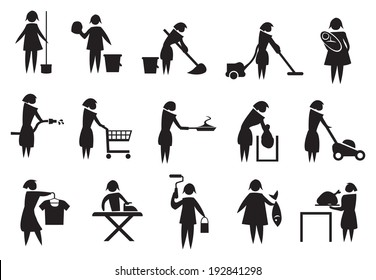 Vector illustration of housewife doing household chores black and white icons