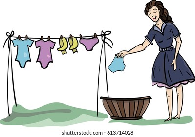 A Vector Illustration Of A Housewife Doing Laundry. Lady Doing Laundry - Retro .