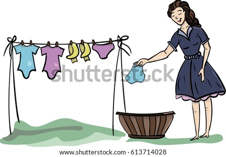 A vector illustration of a housewife doing laundry. Lady Doing Laundry - Retro .