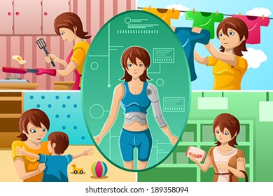 A vector illustration of housewife handling multiple tasks, portrayed as half human half machine