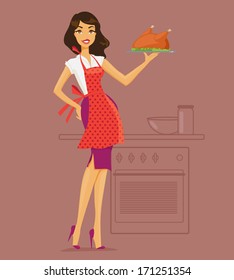 Vector illustration of housewife in the kitchen cooking deals. Housewife in the kitchen