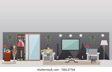 Vector illustration of housewife listening to radio while washing flooring with sponge mop, woman calling in to radio station while sitting on sofa. Call-in radio programme concept flat style design.