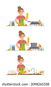 Ilustración vectorial del conjunto de amas de casa. La chica, cocinando, tostando, lavando platos en la cocina. 