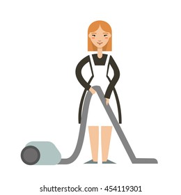 Vector illustration of housewife with a vacuum cleaner. Smiling  maid with vacuum cleaner. Housekeeping concept.