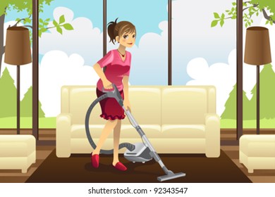 A vector illustration of a housewife vacuuming the carpet in the living room