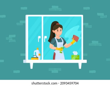 Vector Illustration Of Housewife Washes Window. Housewife Wipes Dust Off Window In House. Spending Your Weekends To Your Advantage. 