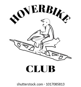 Vector illustration of hover bike rider in riding suit and protective gear riding hoverbike, the next generation of transportation. Hoverbike club design template.