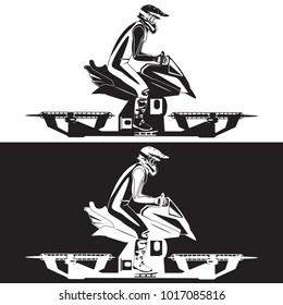 Vector illustration of hover bike rider in riding suit and protective gear riding hoverbike, the next generation of transportation. Black and white templates.