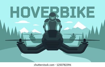 Vector illustration of hover bike rider in riding suit and protective gear riding hoverbike, the next generation of transportation.