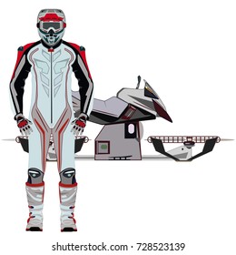 Vector illustration of hover bike rider in motorcycle riding suit and protective gear boots, gloves, helmet and goggles. Hovering motorcycle, hovercraft. Flat style design