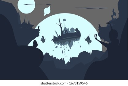 Vector illustration of how alien creatures capture a city or planet, lunar inhabitants lift buildings into the air using magic and telepathy. Great print on things.