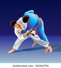 Vector illustration, how the fighter of judo is throwing the contender on a carpet