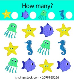 vector illustration. how many? Fish and starfish.