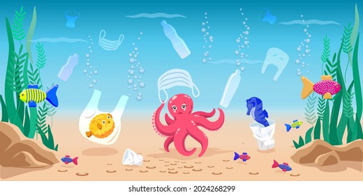 Vector illustration how human activity in the production plastic objects affects the life fish   animals in the ocean and place for your text