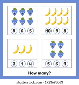 Vector illustration. How many fruits. Grapes and bananas. Worksheet for kids kindergarten, preschool and school age. Learning numbers. Counting game.