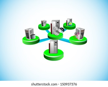 Vector illustration of how a middleware distributed technology integrates various legacy and enterprise applications in different network topology like hub and spoke in integration space