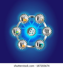 Vector illustration of how a middleware distributed technology integrates various legacy and enterprise applications in different integration topology like Hub and spoke in middleware space 