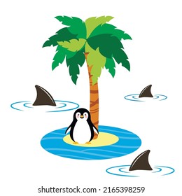 Vector illustration of how the penguin got into trouble. He is alone on the island and surrounded by sharks in the open sea or ocean