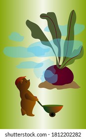 Vector illustration of how a small toy bear has grown a large beautiful beet.
