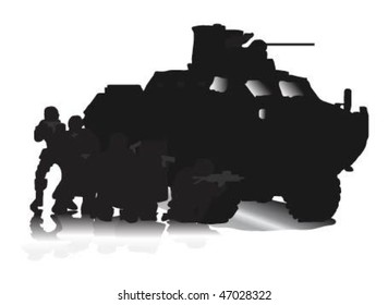 Vector illustration of how soldier hide beside military blinded-vehicle.