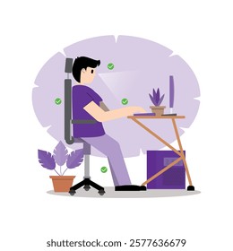 Vector illustration of how to work in front of a computer properly and orderly