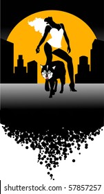 Vector illustration howling wild wolf (dog) under the moon;