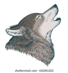 Vector illustration of a howling wolf, engraving. Print for T-shirts.
