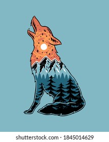 Imagen vectorial de un lobo aullante con un paisaje montañoso. Para impresiones de camisetas, afiches y otros usos.