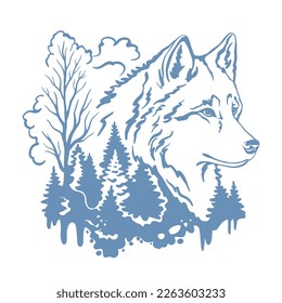Vector illustration of a howling wolf with a mountain landscape. For t-shirt prints, posters, and other uses double exposure. Line art