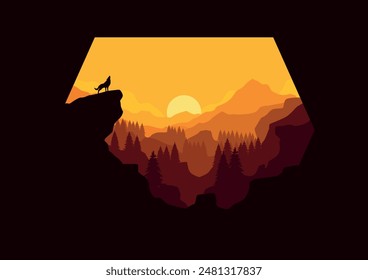 Vector illustration of a howling wolf with a mountain forest and sunset scene.