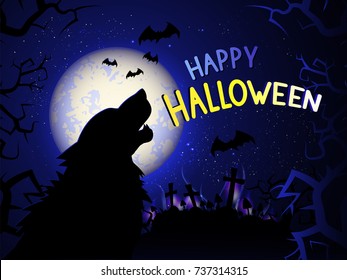 Vector illustration with howling wolf on the night background with cemetery, mystical lights and text Happy Halloween. Hand drawn lettering.