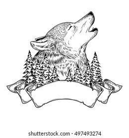 Vector illustration of a howling wolf with ribbon