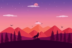 Vector Illustration Of A Howling Wolf Standing On The Hill With Landscape View Of Mountains, Birds, Forest And Beautiful Sunset.