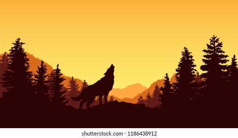 Vector illustration of a howling wolf standing on the hill with a panoramic view of mountains, forest and beautiful sunset.