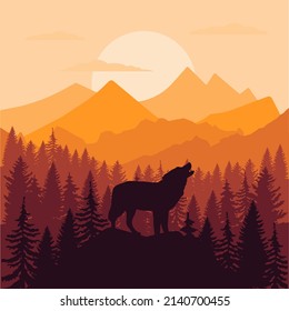 Vector illustration of a howling wolf standing on the hill with a panoramic view of mountains, forest and beautiful sunset. EPS