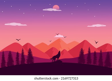 Dibujo vectorial de un lobo aullante parado en la colina con vistas panorámicas de montañas, pájaros, bosque y hermosa puesta de sol.