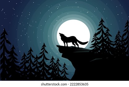 Vector illustration of howling wolf standing on the hill in the moonlight and starry night in forest