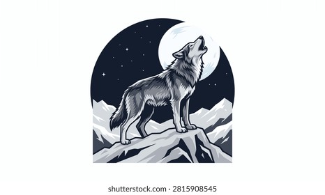 Vector illustration of a howling wolf standing on a rock with a full moon isolated on white background