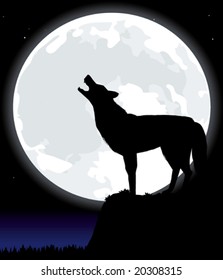 Vector illustration howling wolf under the moon. Only global colors. CMYK. Easy color changes.