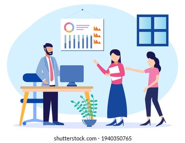 Vector Illustration Of HR Employee Orientation With Introduction And Integration. Job Description And Remarks On The First Day Of The New Work Process. Presentation Of Work And Learning Assignments.